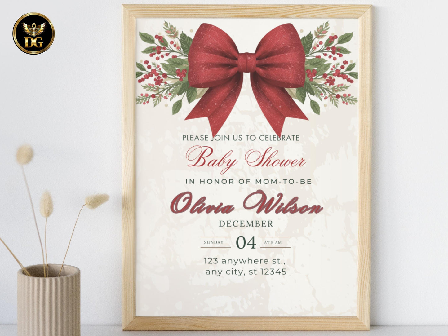 Christmas Baby Shower Invitation Luxe Velvet Red Bow Photo Space Evergreen Berries Cream Gold Tis the Season Little Bundle Printable Digital