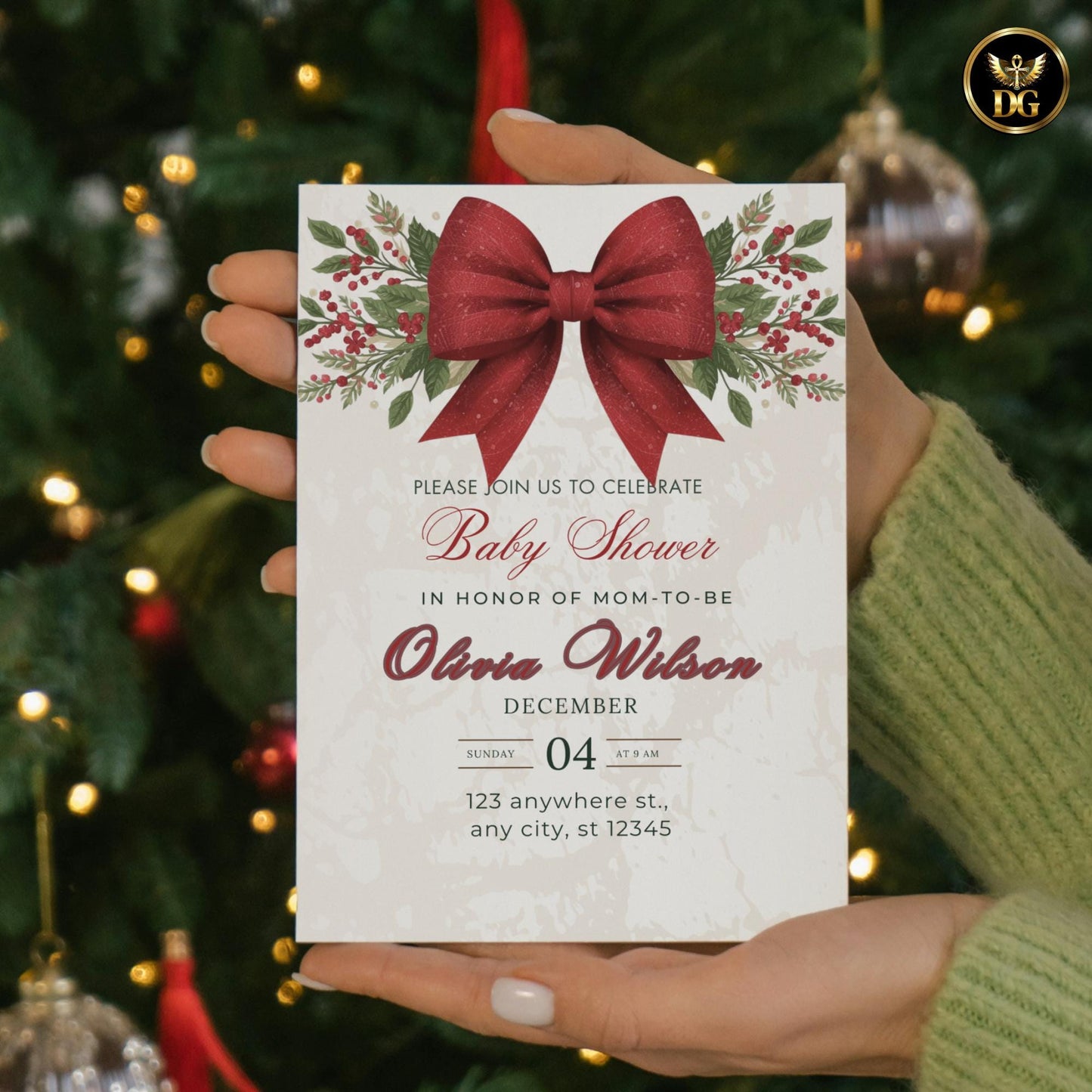 Christmas Baby Shower Invitation Luxe Velvet Red Bow Photo Space Evergreen Berries Cream Gold Tis the Season Little Bundle Printable Digital