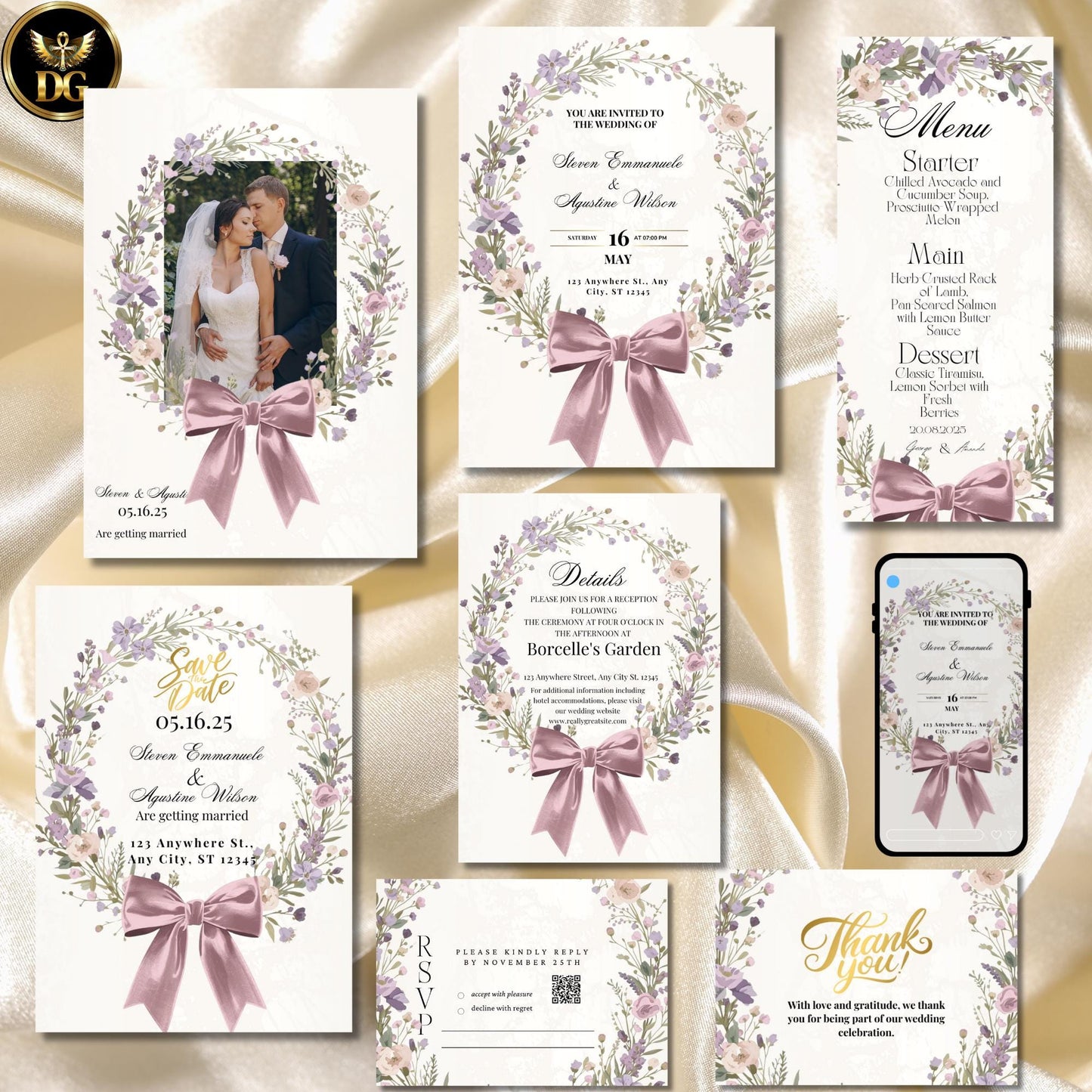 Lavender & Rose Wreath Wedding Invitation Suite | Editable Canva Botanical Invitation | Romantic Purple Floral Wedding Set