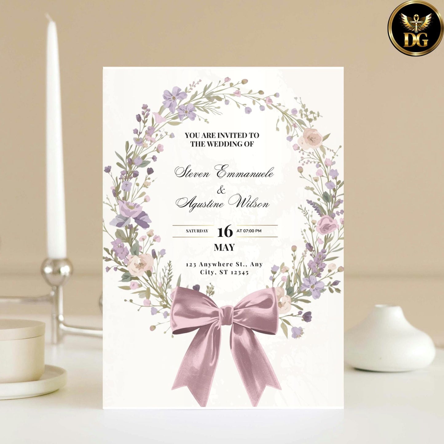 Lavender & Rose Wreath Wedding Invitation Suite | Editable Canva Botanical Invitation | Romantic Purple Floral Wedding Set