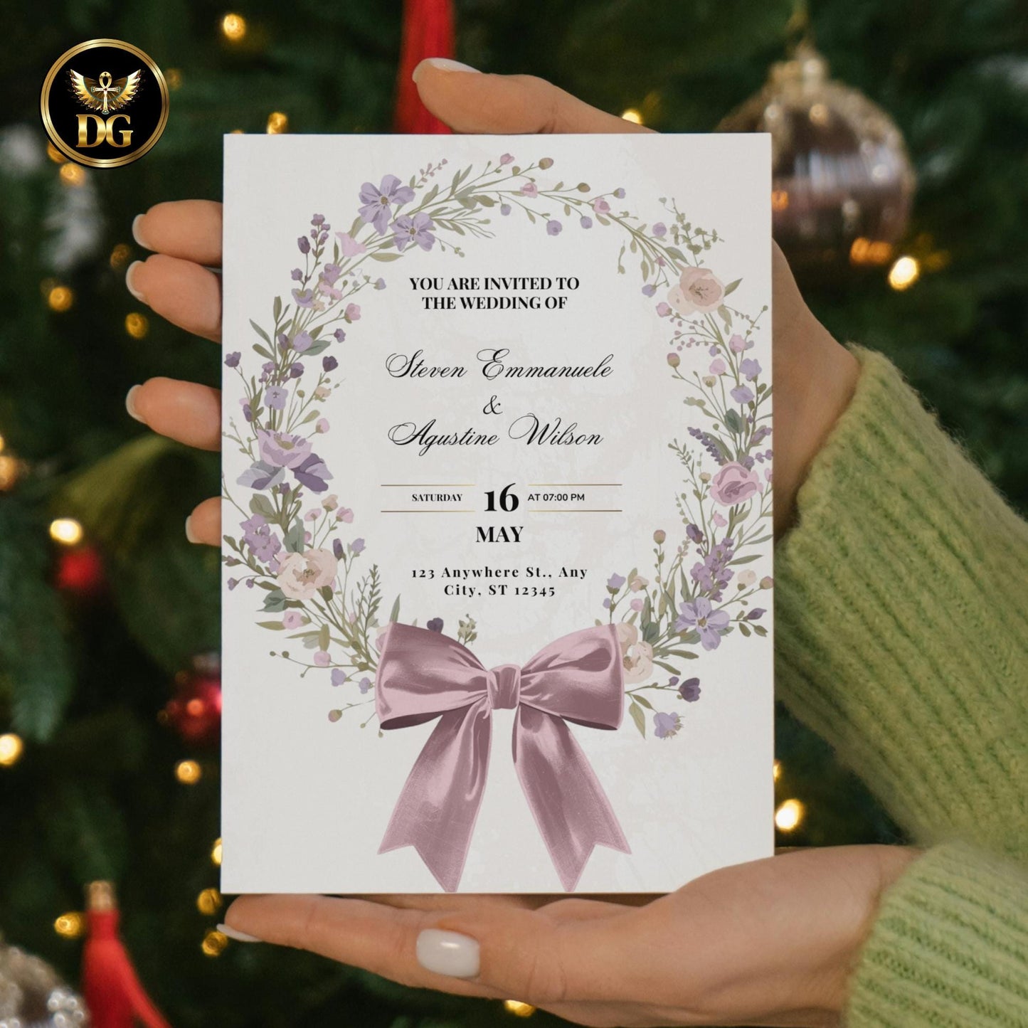 Lavender & Rose Wreath Wedding Invitation Suite | Editable Canva Botanical Invitation | Romantic Purple Floral Wedding Set