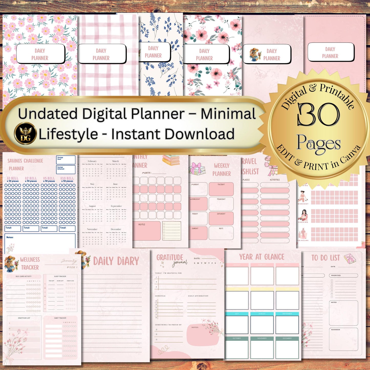 Undated Digital Planner | Minimal Lifestyle Planner | 30 Pages Printable Planner | Canva Editable PDF | Daily Weekly Monthly Planner