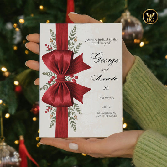 Luxury Red Bow Wedding Invitation Suite | Winter Coquette Ribbon Wedding Template | Editable Christmas & Valentine Digital Invite