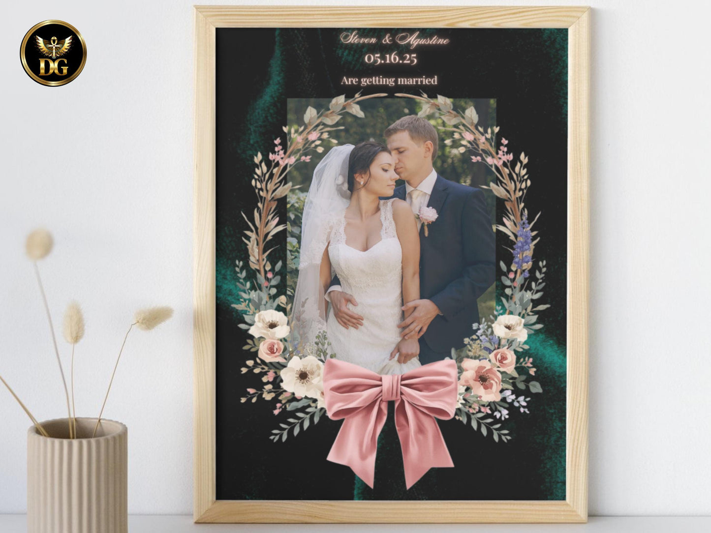 Emerald Velvet Wedding Invitation Suite | Blush Pink Bow & Botanical Wreath | Editable Canva Wedding Invitations | Romantic Elegant Design