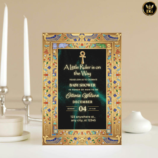 Emerald Egyptian Baby Shower Bandal Template, Royal Velvet Green Invite, A Little Ruler Is on the Way, Luxury Canva Editable Full Set