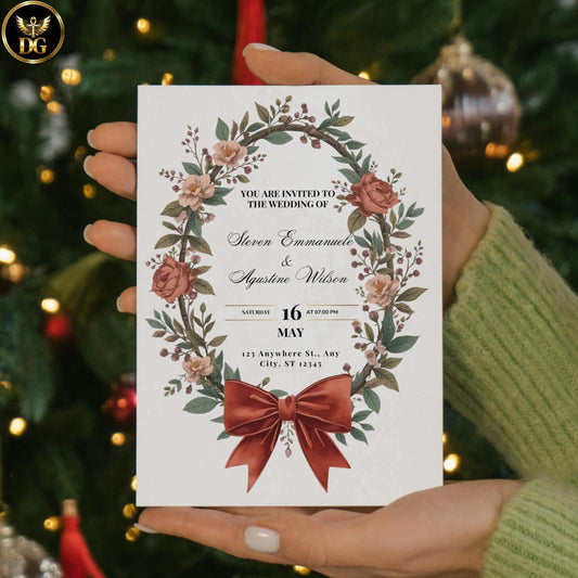 Red Rose Wreath Wedding Invitation Suite, Romantic Botanical Design, Editable Canva, Burgundy Ribbon Floral Stationery Set