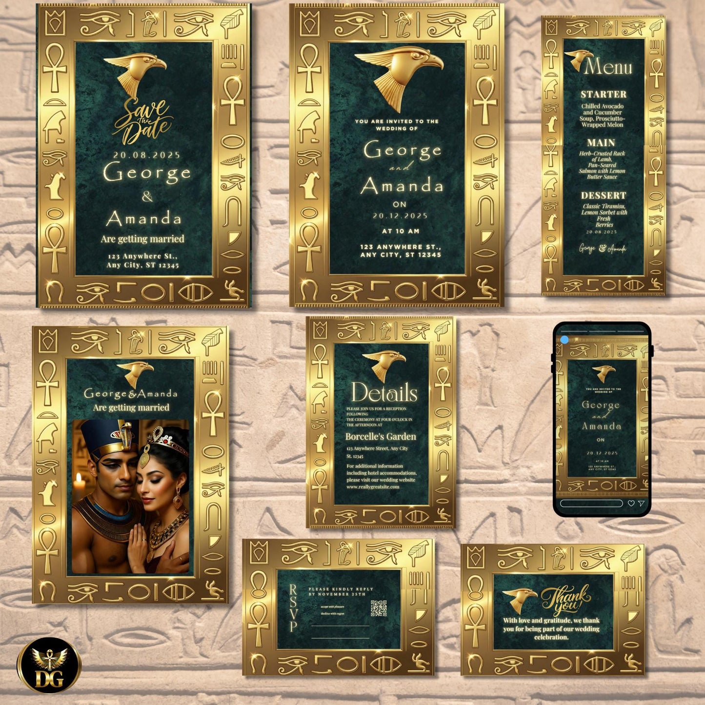 Regal Emerald Green & Gold Egyptian Wedding Invitation Suite | Luxurious Horus-Themed Digital Cards for Royal Mystical Weddings