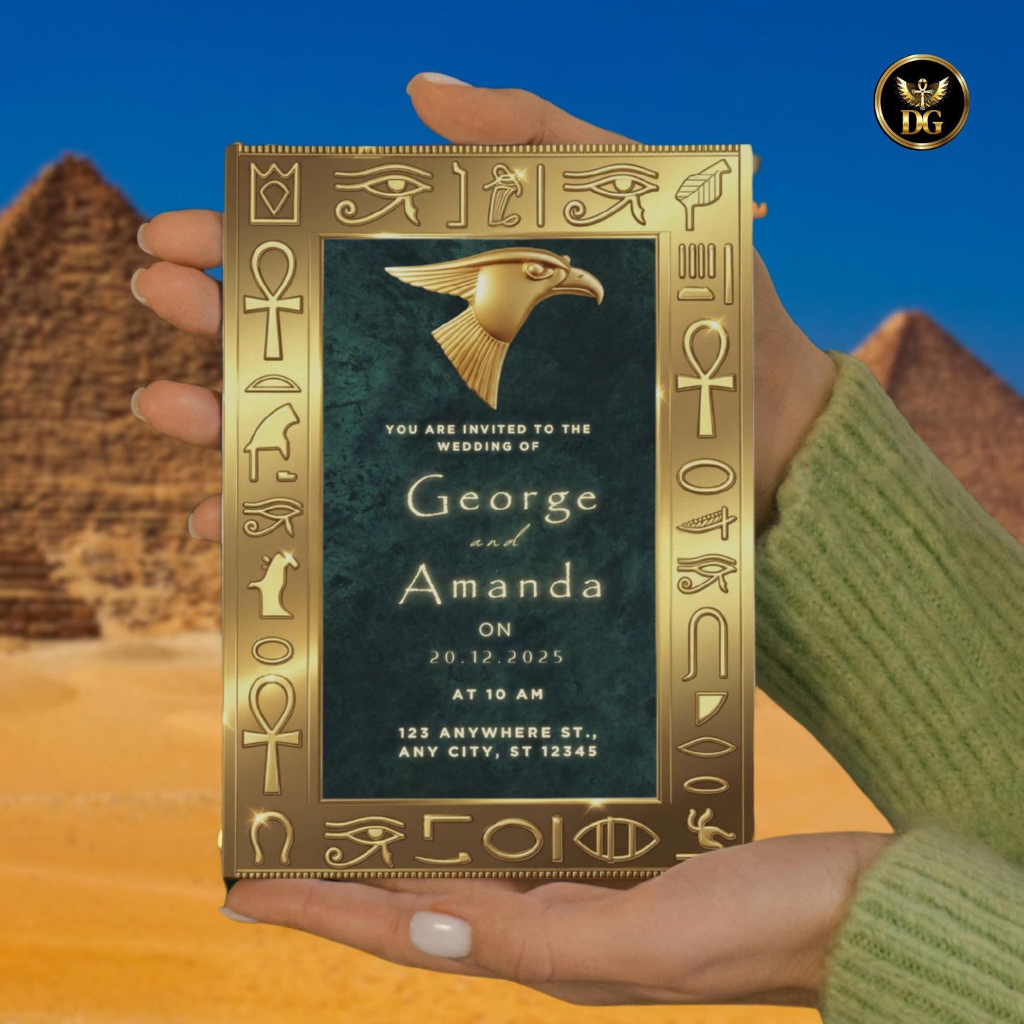 Regal Emerald Green & Gold Egyptian Wedding Invitation Suite | Luxurious Horus-Themed Digital Cards for Royal Mystical Weddings