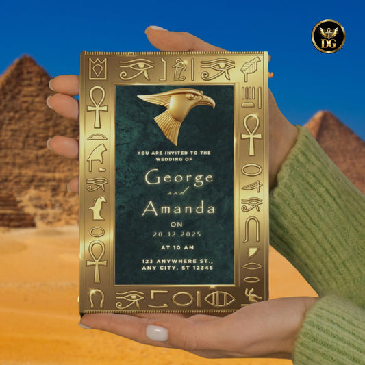 Regal Emerald Green & Gold Egyptian Wedding Invitation Suite | Luxurious Horus-Themed Digital Cards for Royal Mystical Weddings