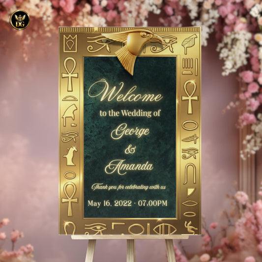 Emerald Pharaoh Wedding Welcome Sign – Luxury Egyptian Decor with Gold Frame, Hieroglyphs & Horus Design, Matching Bandal Available