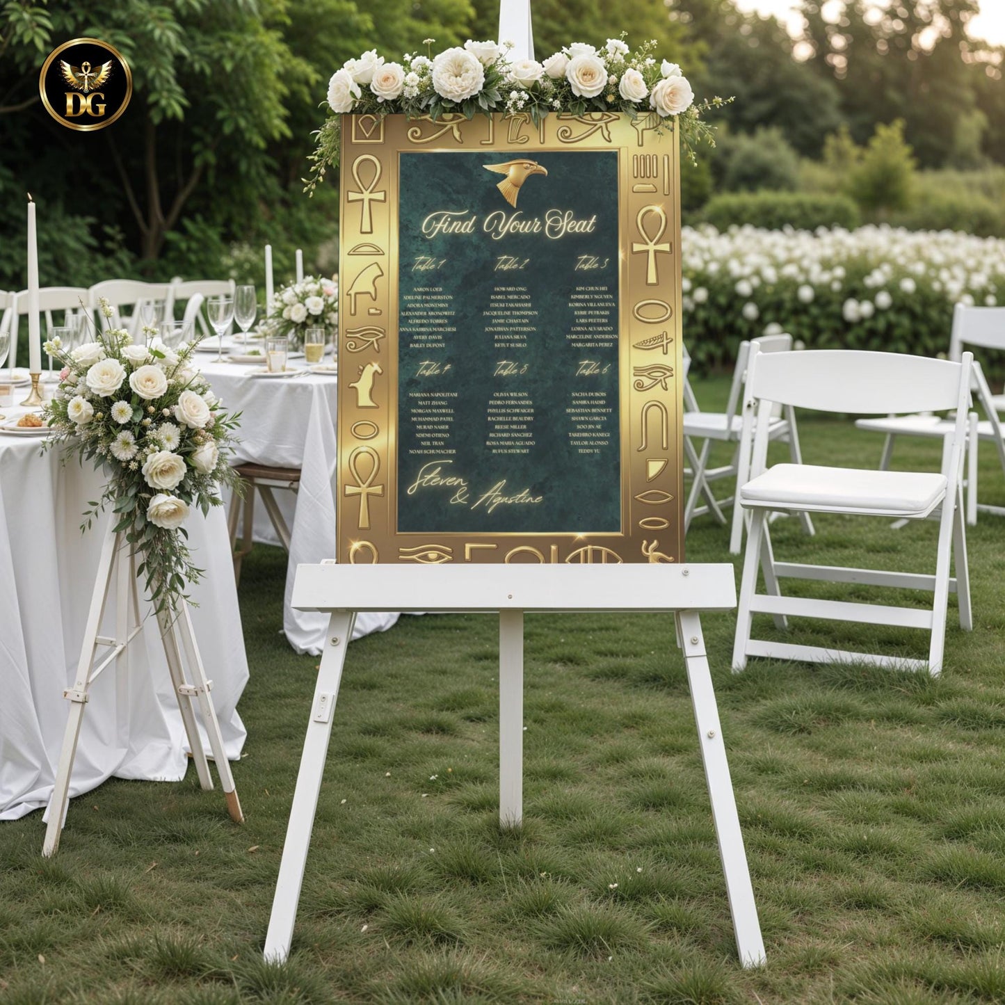 Emerald Pharaoh Wedding Seat Chart Sign – Matching Bandal Sizes Set, Luxury Egyptian Decor with Gold Frame & Horus Design