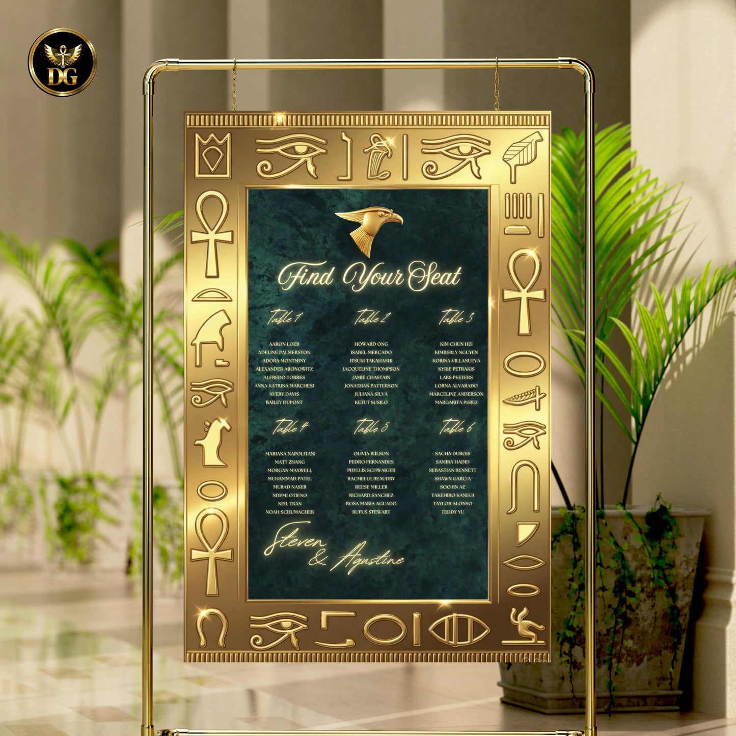 Emerald Pharaoh Wedding Seat Chart Sign – Matching Bandal Sizes Set, Luxury Egyptian Decor with Gold Frame & Horus Design