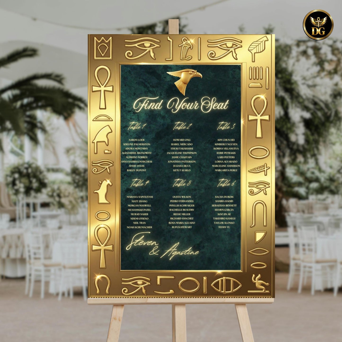 Emerald Pharaoh Wedding Seat Chart Sign – Matching Bandal Sizes Set, Luxury Egyptian Decor with Gold Frame & Horus Design