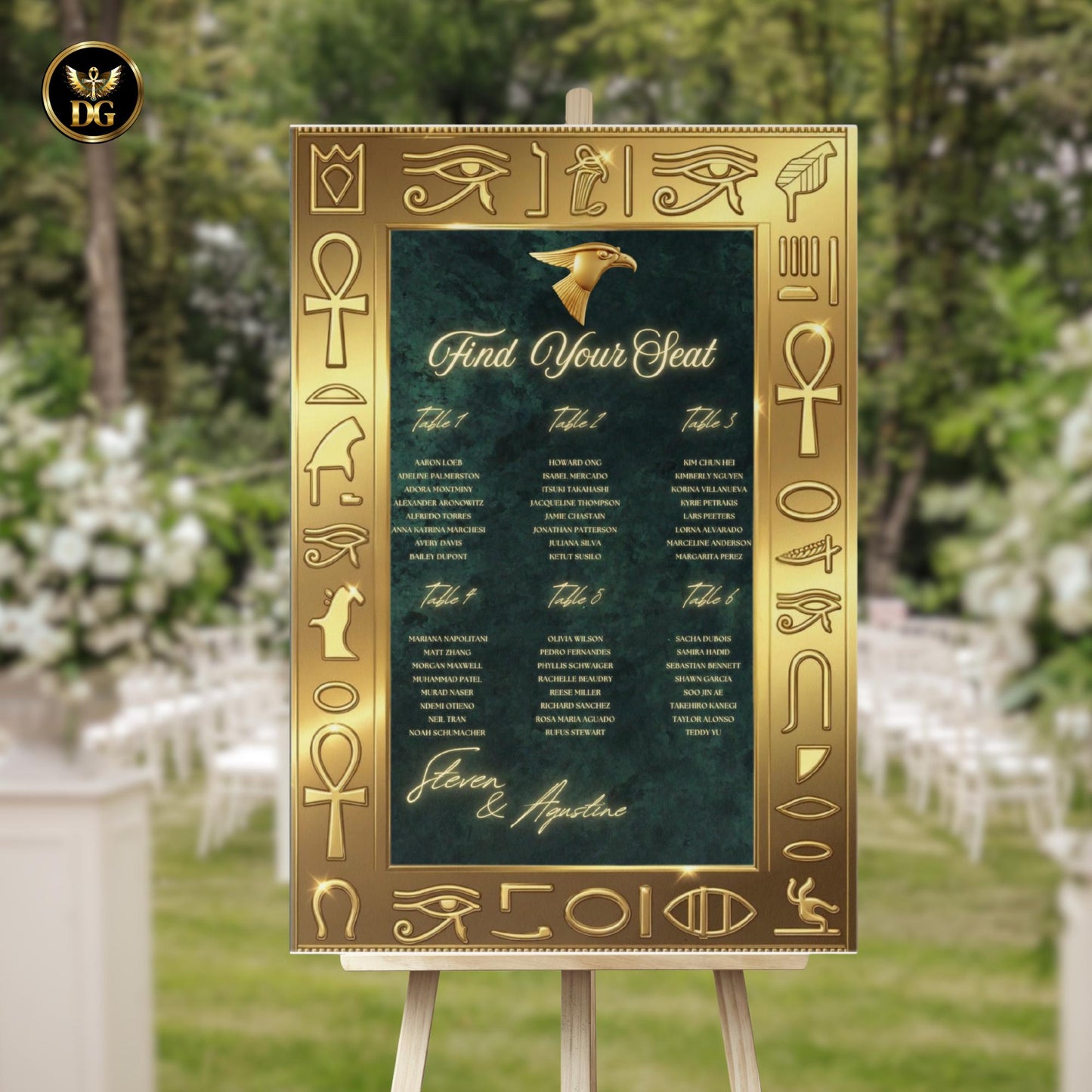 Emerald Pharaoh Wedding Seat Chart Sign – Matching Bandal Sizes Set, Luxury Egyptian Decor with Gold Frame & Horus Design