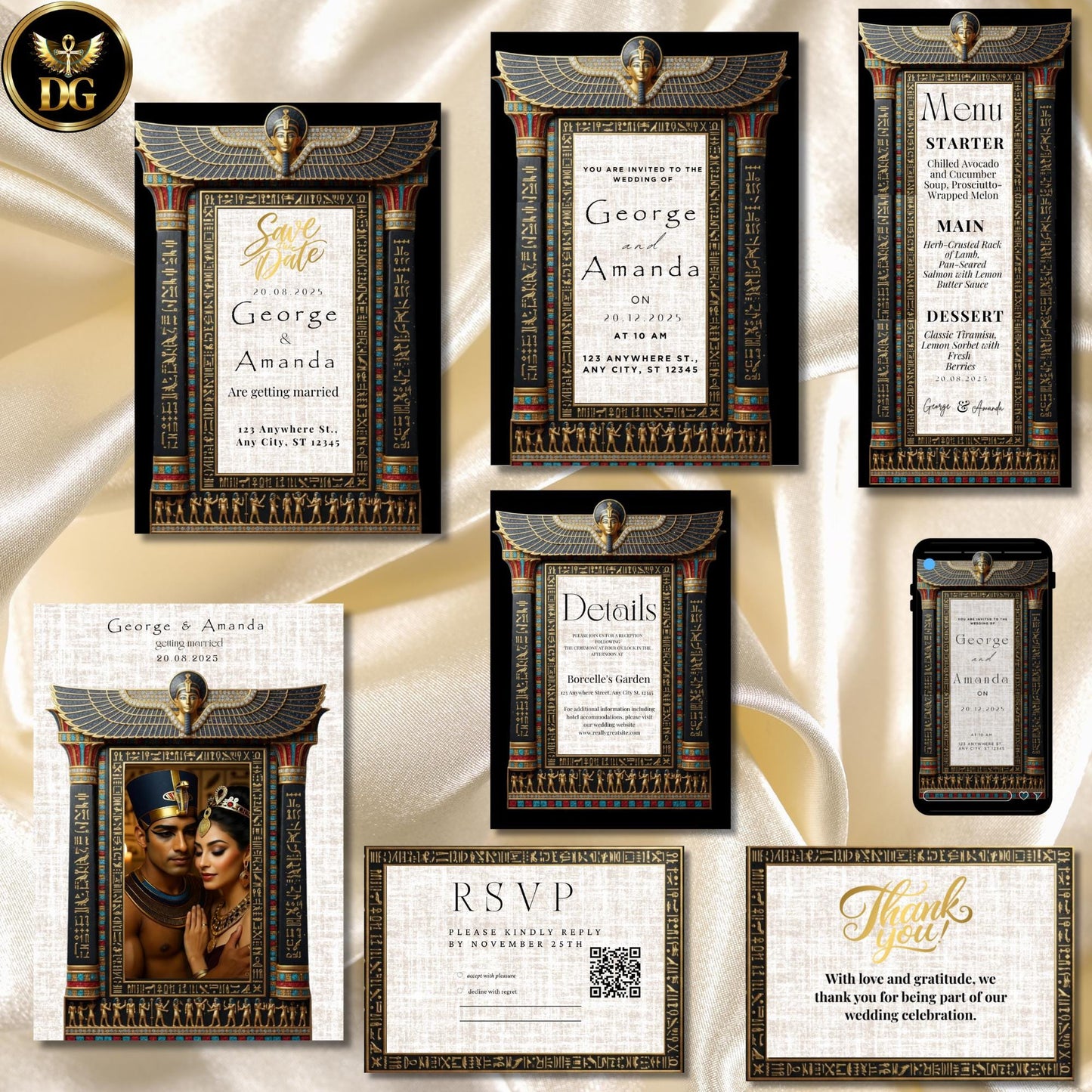 Majestic Black & Gold Egyptian Wedding Invitation Suite with Hieroglyphics, Nefertiti Wings — Pharaoh-Themed Luxury Bandal