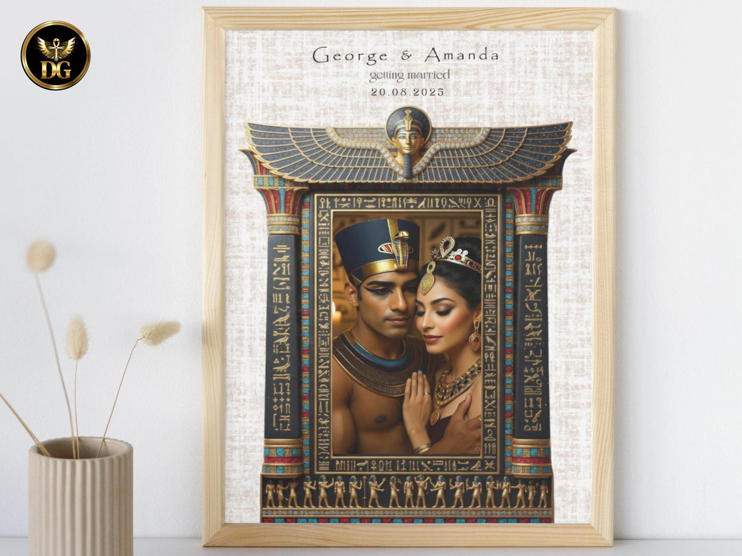 Majestic Black & Gold Egyptian Wedding Invitation Suite with Hieroglyphics, Nefertiti Wings — Pharaoh-Themed Luxury Bandal