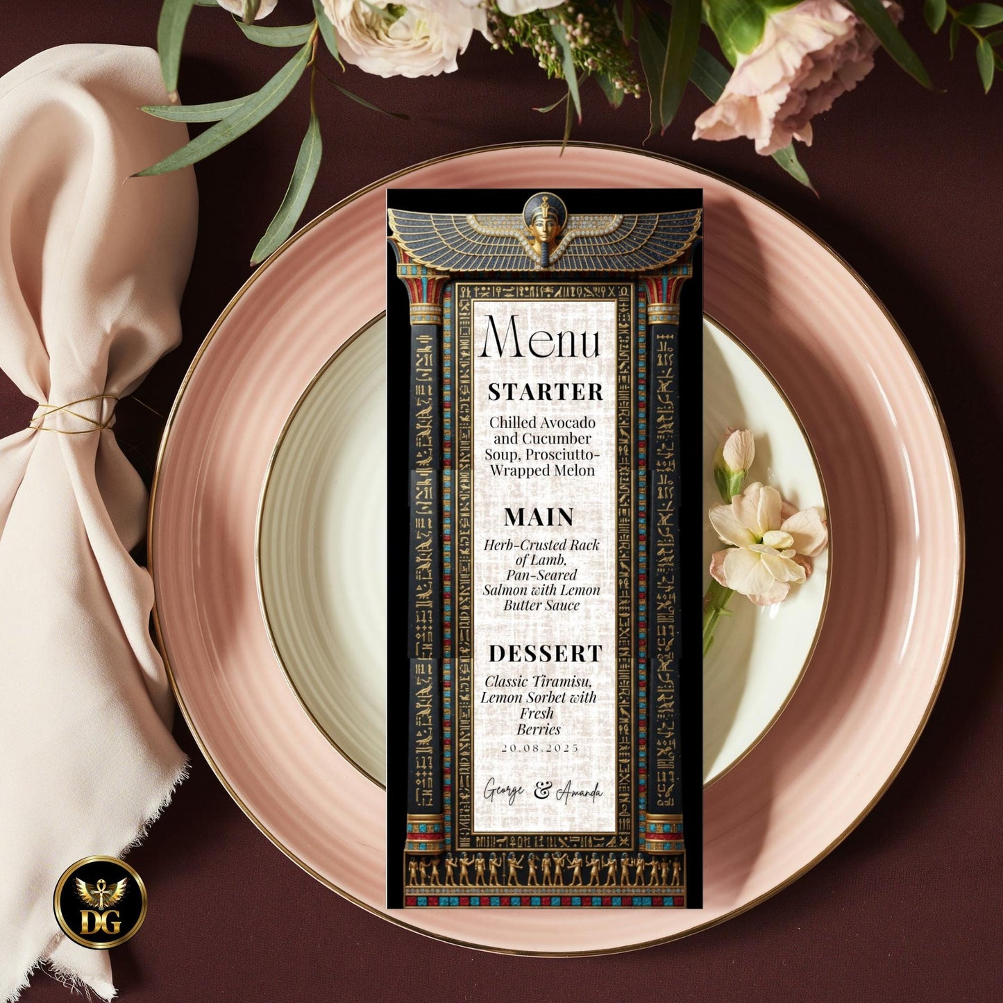 Majestic Black & Gold Egyptian Wedding Invitation Suite with Hieroglyphics, Nefertiti Wings — Pharaoh-Themed Luxury Bandal