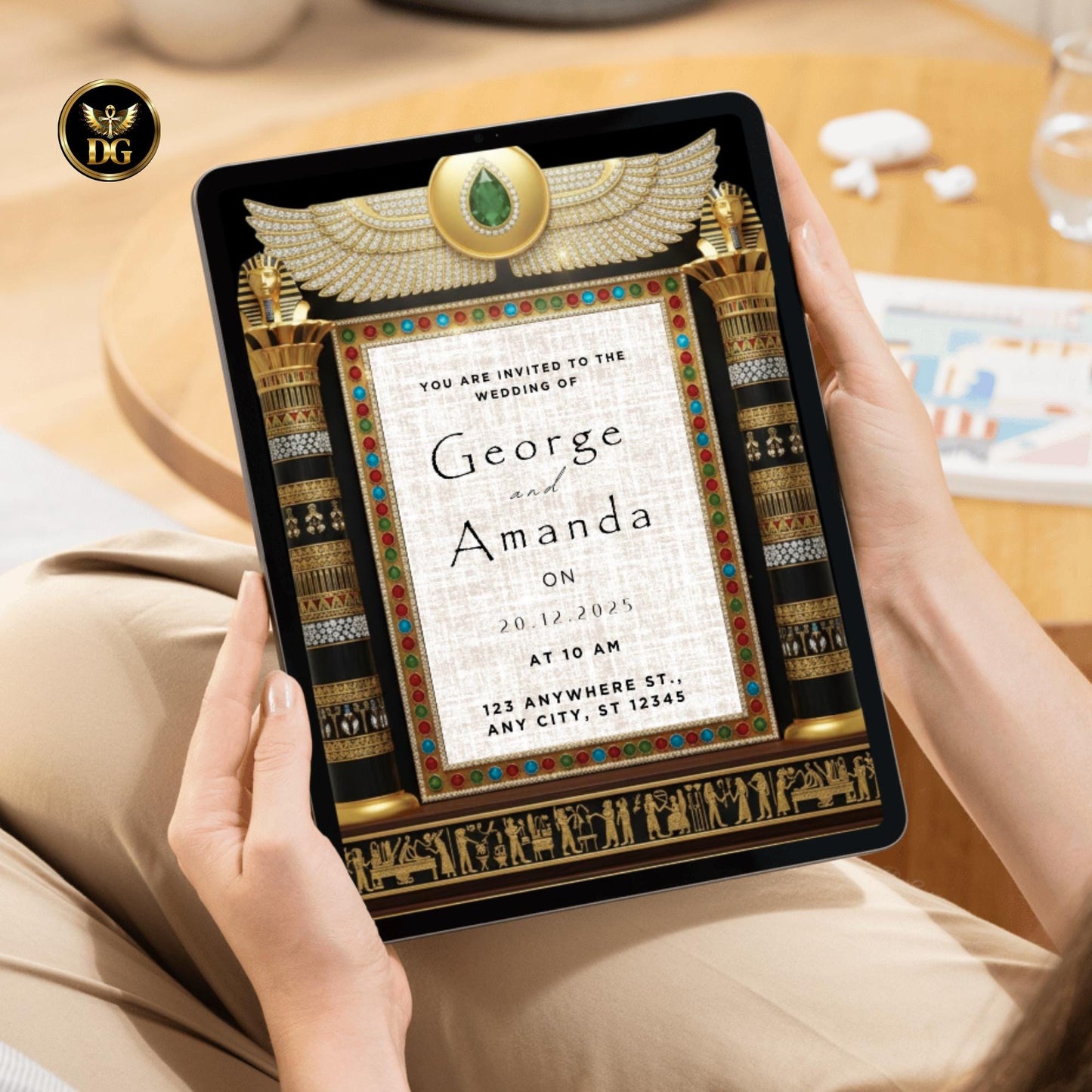 Opulent Black & Gold Egyptian Wedding Invitation Suite with Hieroglyphics, Jewel Details Wings  Pharaoh-Themed Luxury Bandal for GEM Events