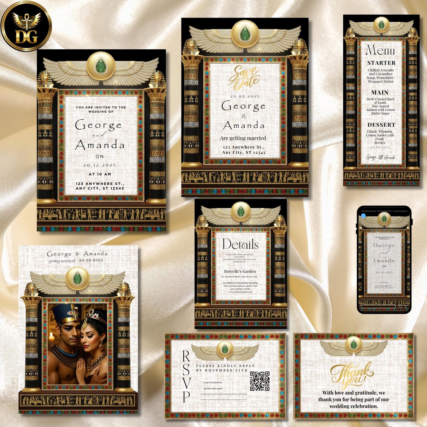 Opulent Black & Gold Egyptian Wedding Invitation Suite with Hieroglyphics, Jewel Details Wings  Pharaoh-Themed Luxury Bandal for GEM Events