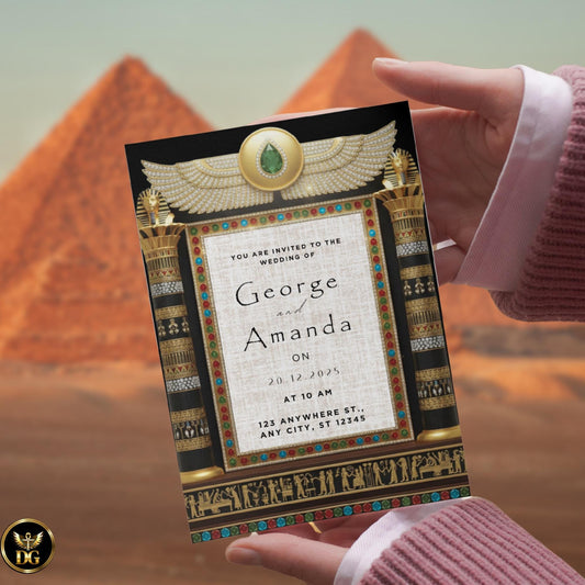 Opulent Black & Gold Egyptian Wedding Invitation Suite with Hieroglyphics, Jewel Details Wings  Pharaoh-Themed Luxury Bandal for GEM Events