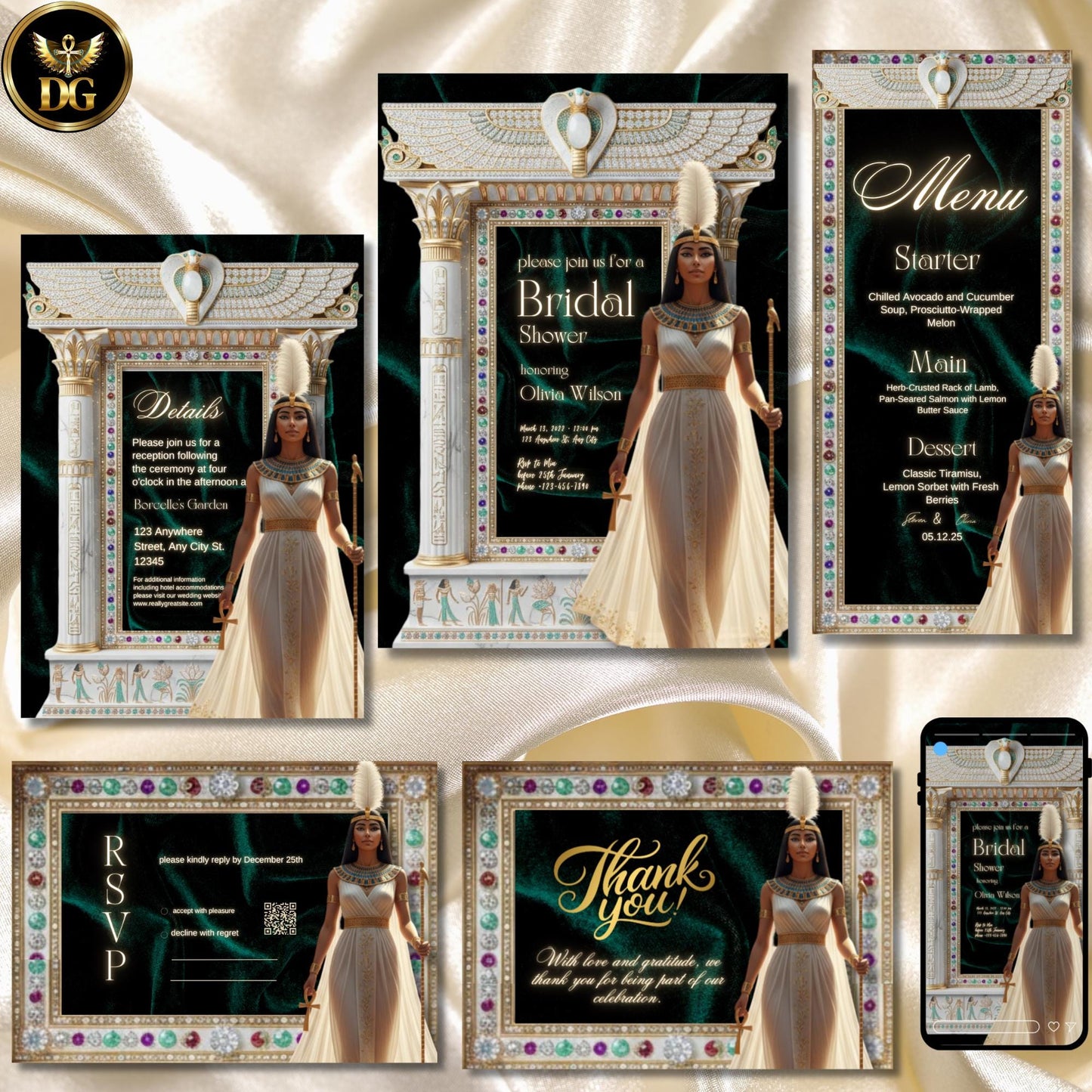 Ivory & Gold Egyptian Bridal Shower Invitation Suite Featuring Goddess Ma'at with Ankh Feather - Jeweled Bandal Shower Digital Templates