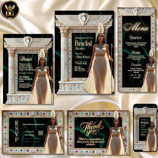 Ivory & Gold Egyptian Bridal Shower Invitation Suite Featuring Goddess Ma'at with Ankh Feather - Jeweled Bandal Shower Digital Templates