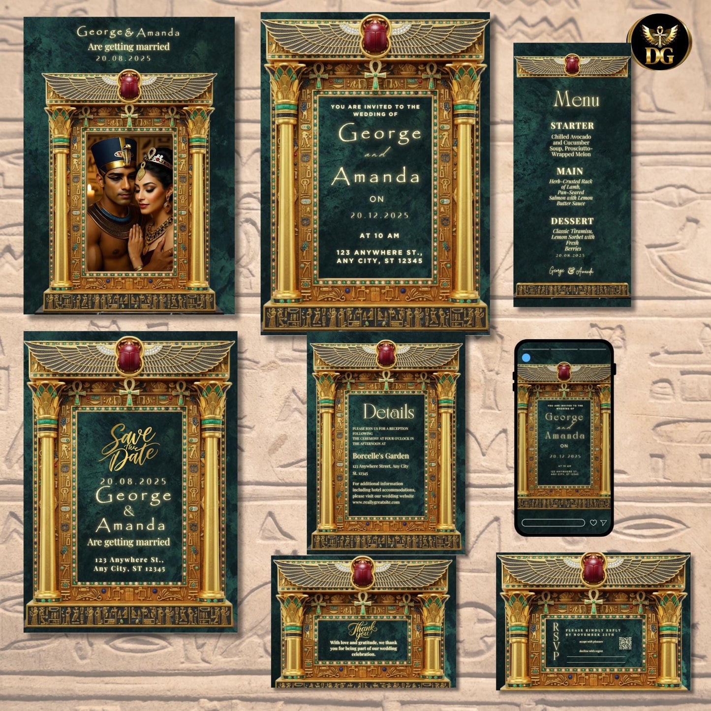 Regal Emerald Green Velvet Wedding Invitation, Ancient Egyptian Gold Frame, Winged Scarab Luxury Digital Invite