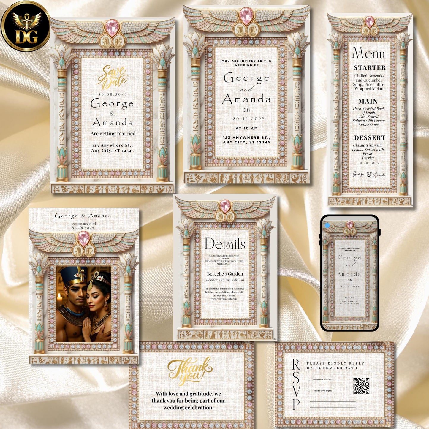 Ivory Pharaonic wedding theme • Beige linen background • Soft, elegant bandal • Egyptian royal aesthetic