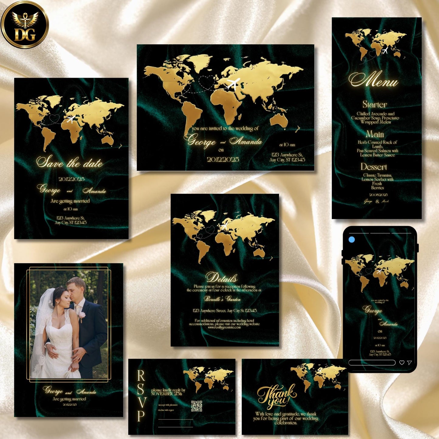 Elegant World Map Wedding Invitation Suite - Emerald & Gold Digital Templates - Printable  Editable - Save the Date, Detail Card, Menu, RSVP