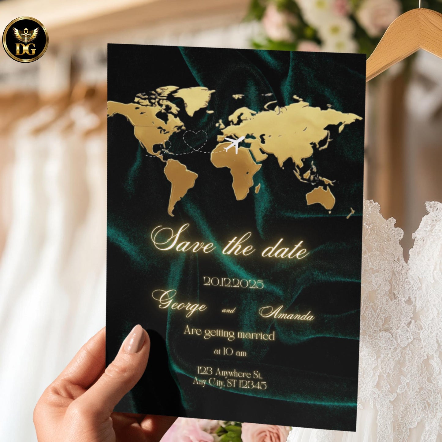 Elegant World Map Wedding Invitation Suite - Emerald & Gold Digital Templates - Printable  Editable - Save the Date, Detail Card, Menu, RSVP