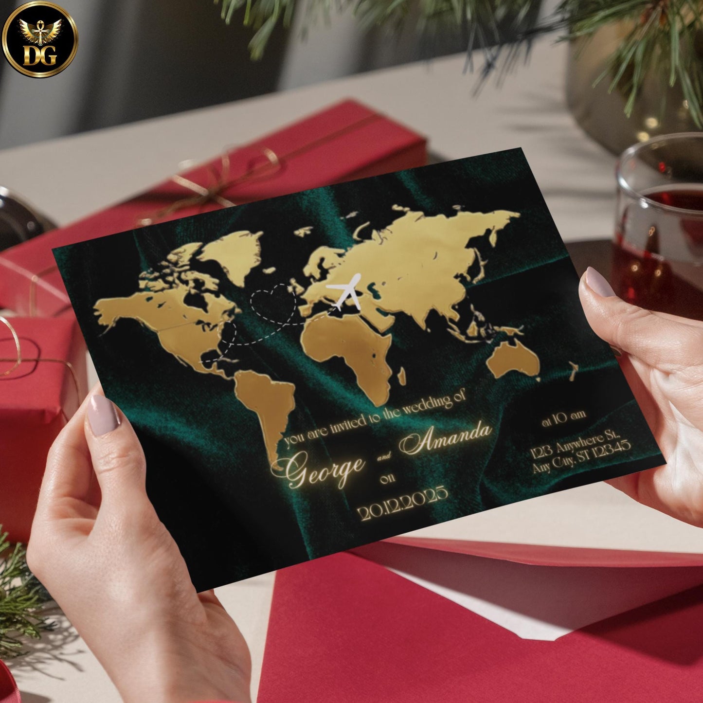 Elegant World Map Wedding Invitation Suite - Emerald & Gold Digital Templates - Printable  Editable - Save the Date, Detail Card, Menu, RSVP