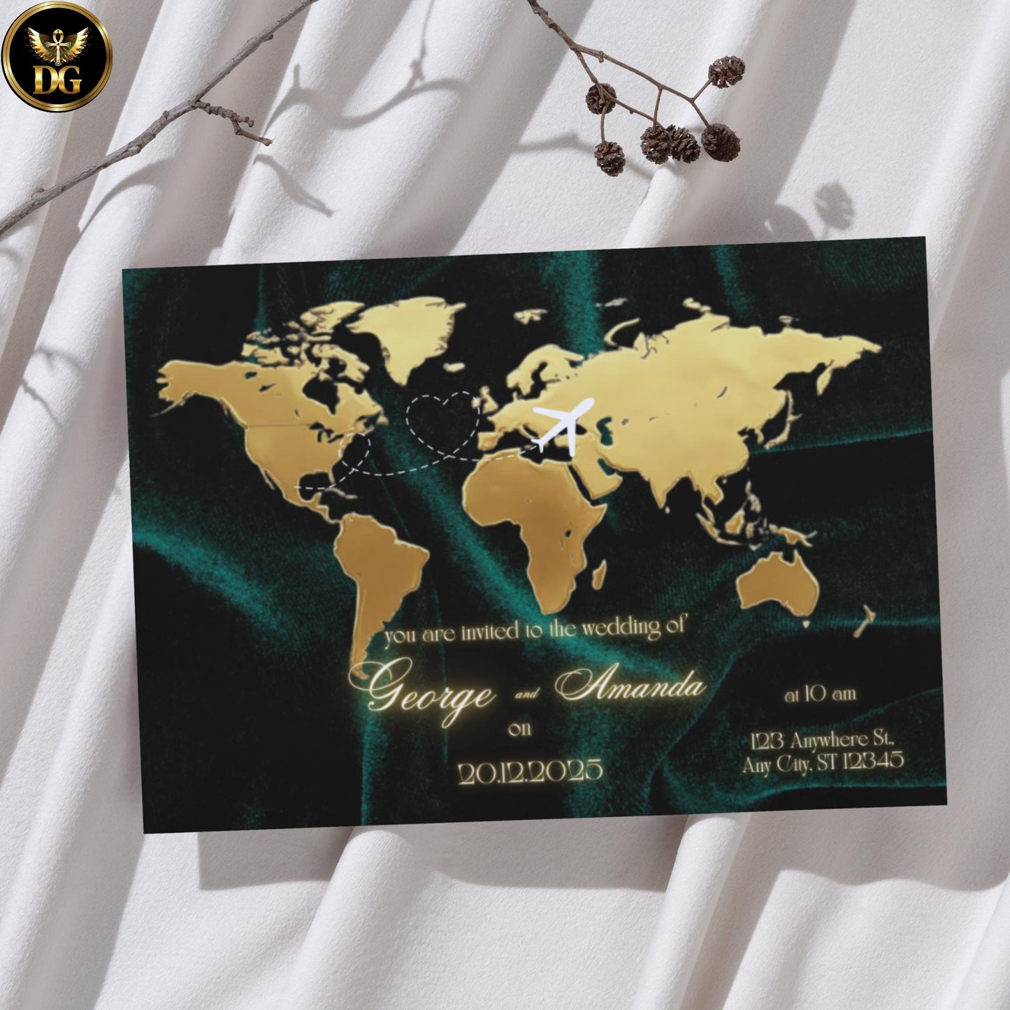 Elegant World Map Wedding Invitation Suite - Emerald & Gold Digital Templates - Printable  Editable - Save the Date, Detail Card, Menu, RSVP