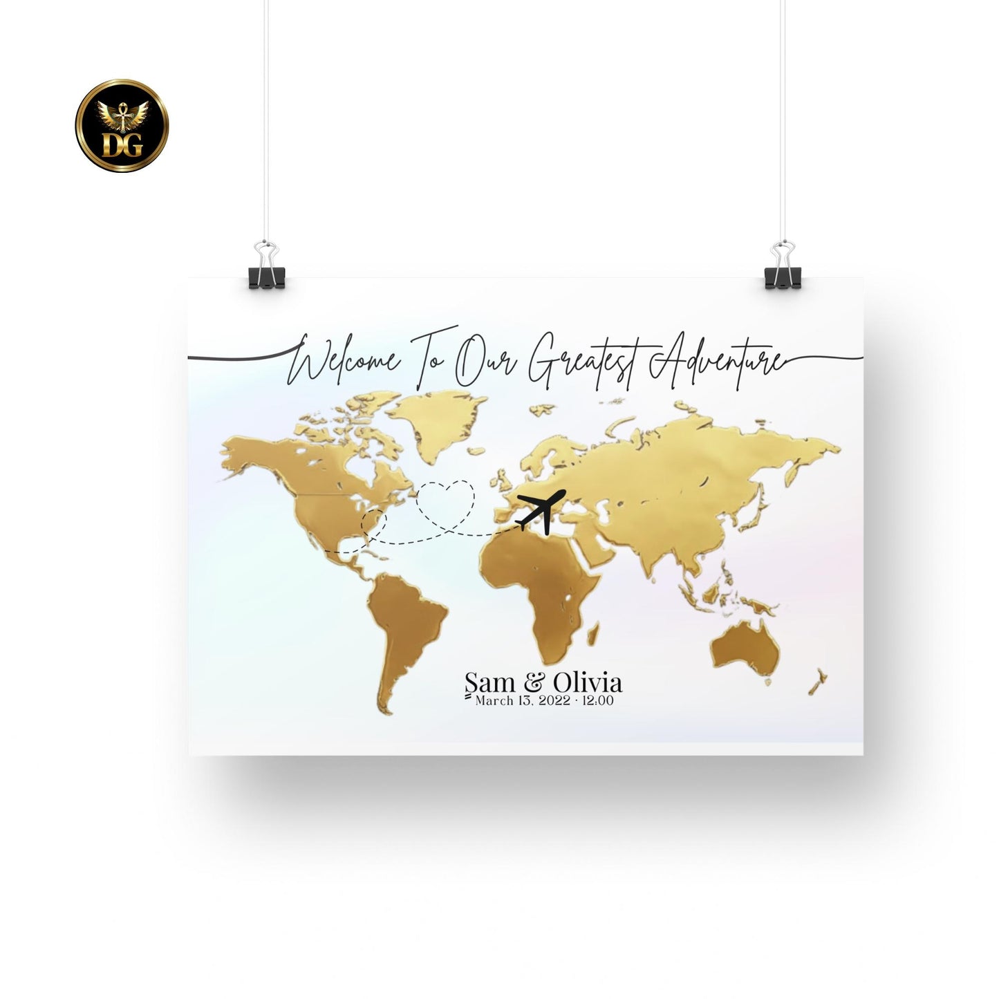 Golden World Map Welcome Sign - Light Pastel Background, 3 Sizes, 10 Extra Map Colors & Plane Shapes
