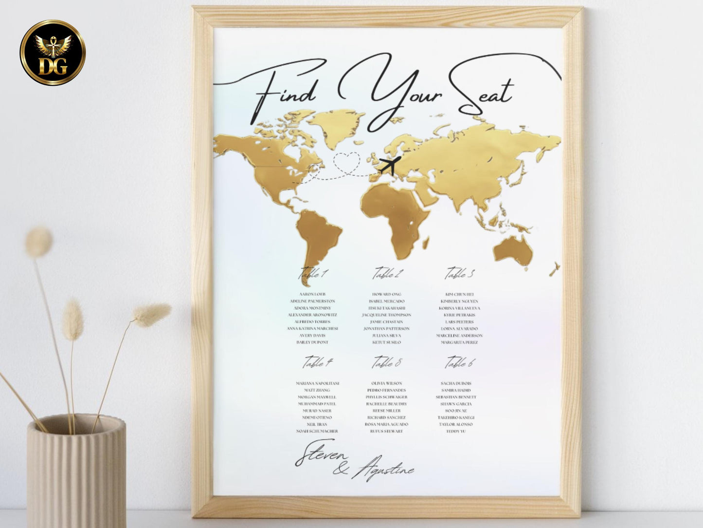 Golden World Map Seat Chart - Light Pastel Background, 3 Sizes & 10 Color Options