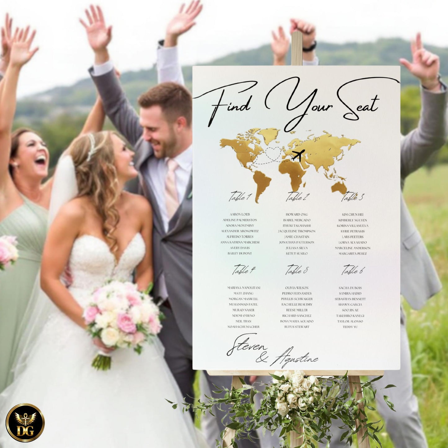 Golden World Map Seat Chart - Light Pastel Background, 3 Sizes & 10 Color Options