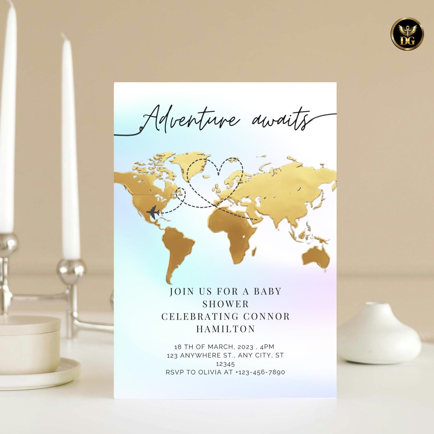 Golden World Map Baby Shower Invitation Adventure Awaits Travel Theme Pastel Digital Printable Airplane 10Colors Instant Download Wanderlust