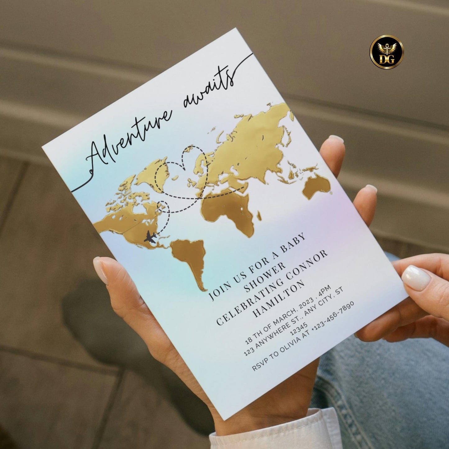 Golden World Map Baby Shower Invitation Adventure Awaits Travel Theme Pastel Digital Printable Airplane 10Colors Instant Download Wanderlust