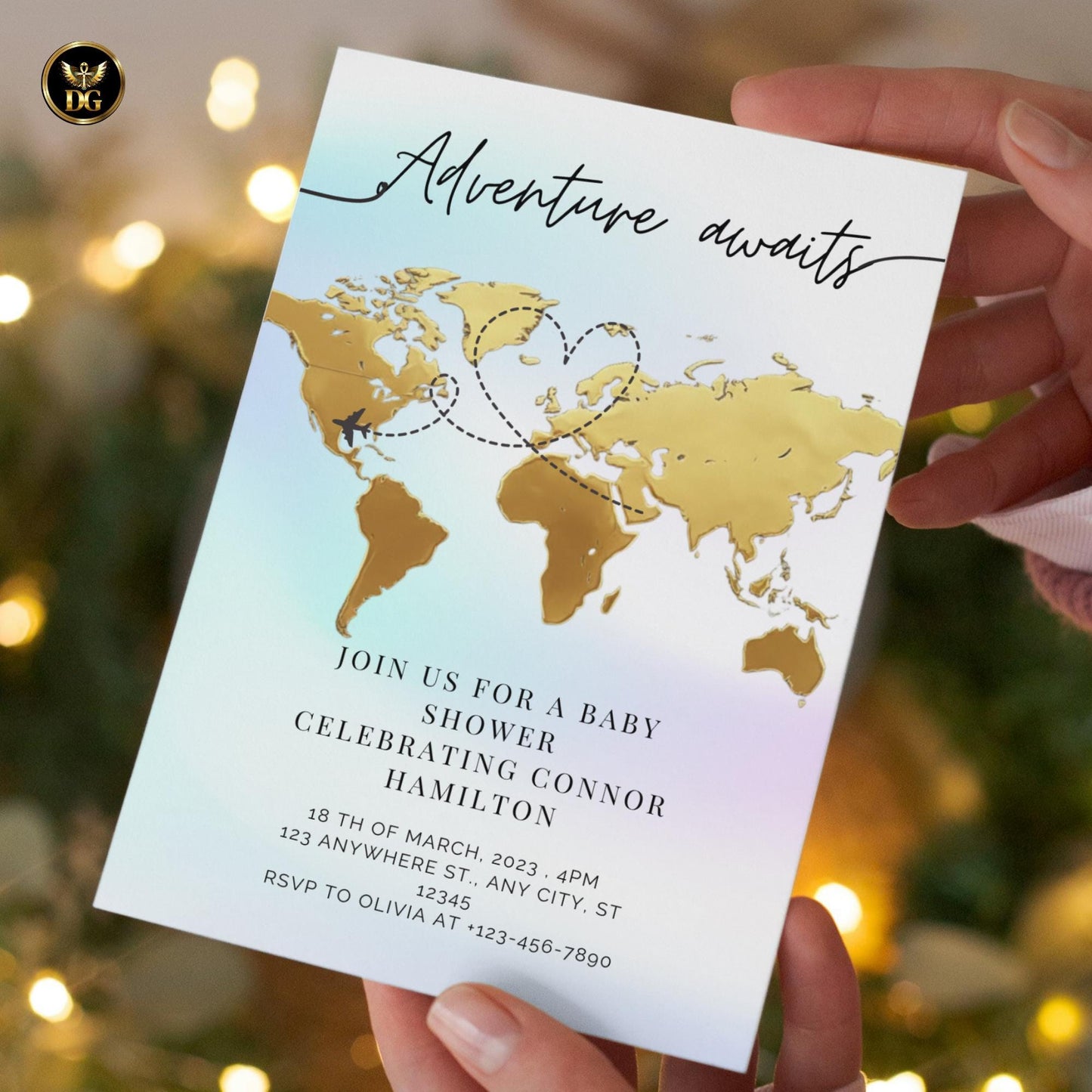 Golden World Map Baby Shower Invitation Adventure Awaits Travel Theme Pastel Digital Printable Airplane 10Colors Instant Download Wanderlust