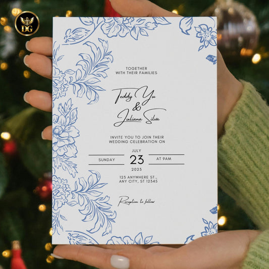 French Toile Wedding Invitation Template, Vintage Light Blue Floral Digital Suite, Editable Printable Elegant Invites & RSVP