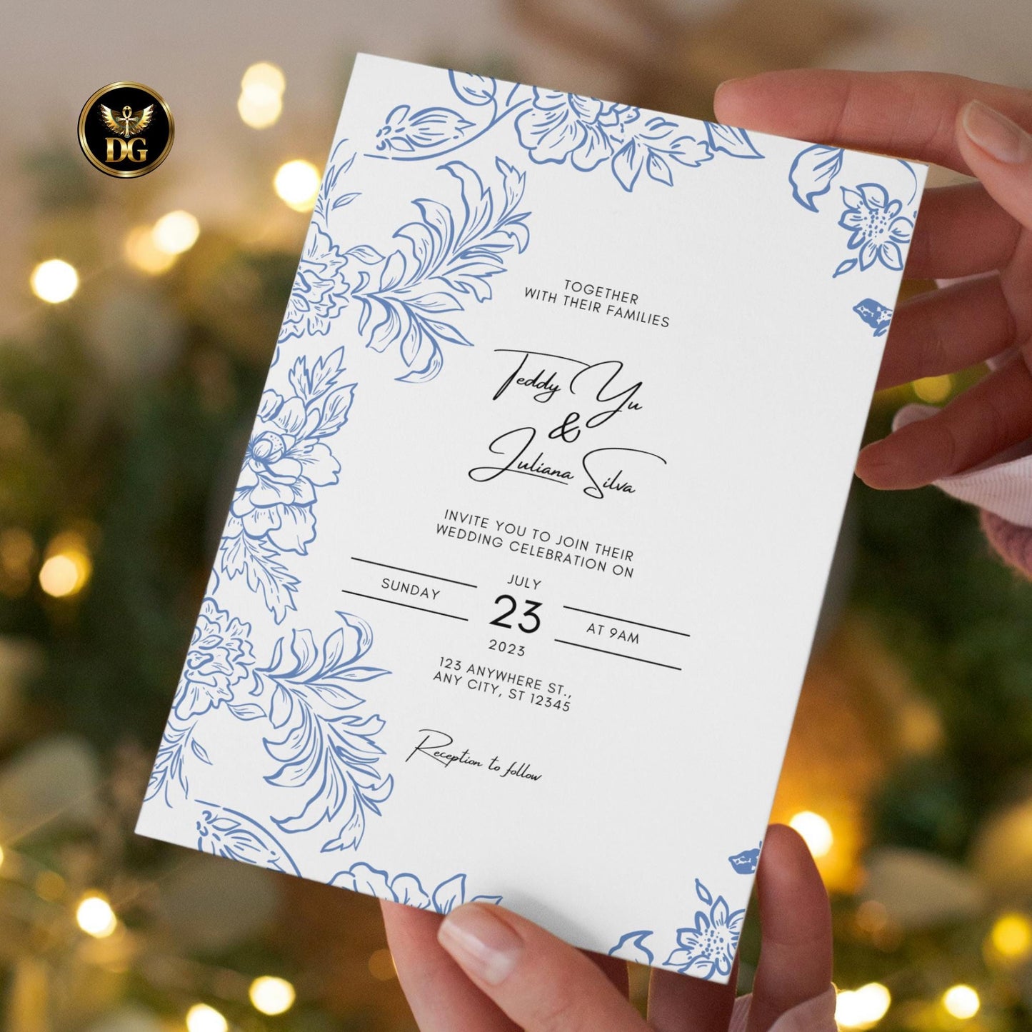 French Toile Wedding Invitation Template, Vintage Light Blue Floral Digital Suite, Editable Printable Elegant Invites & RSVP