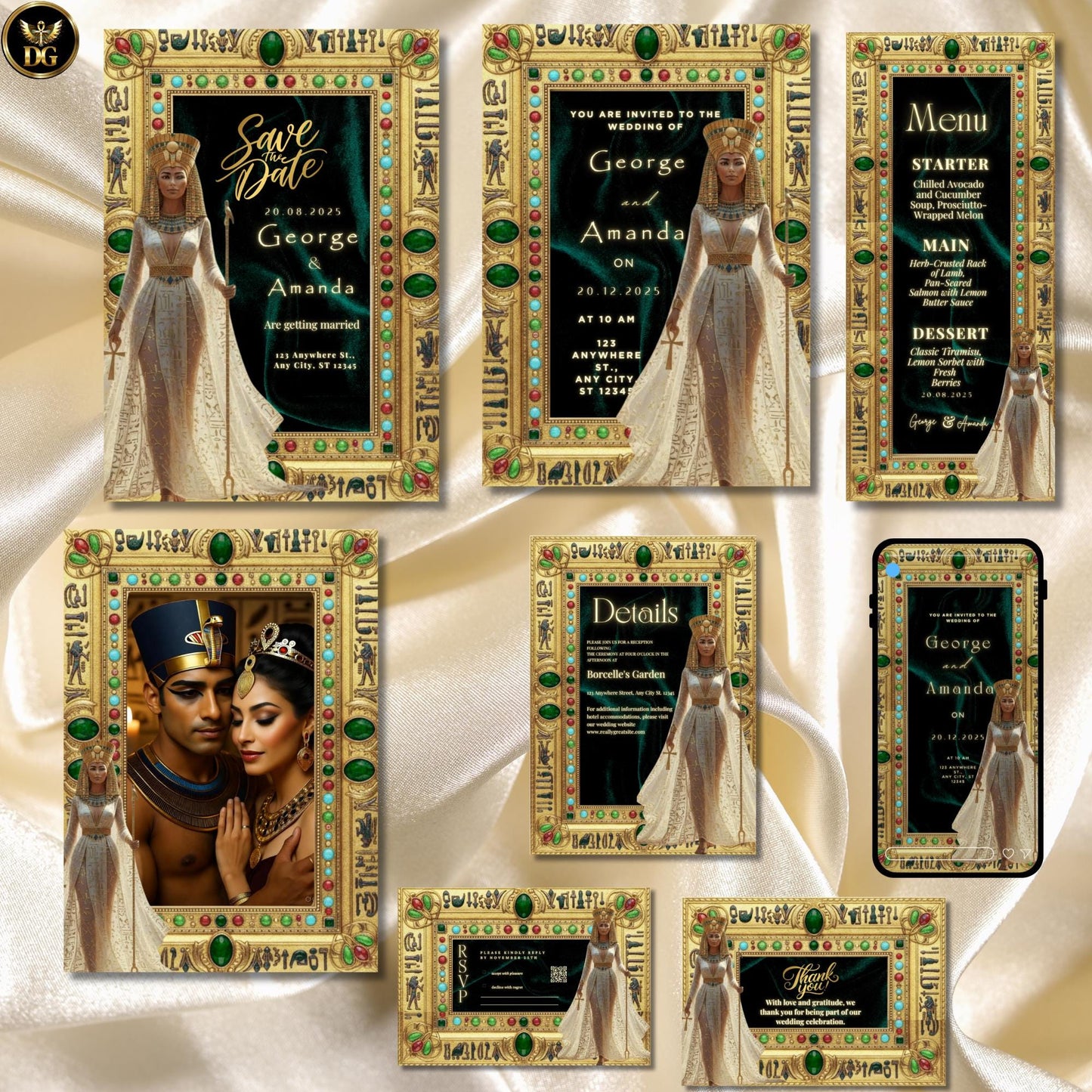 Emerald Velvet Egyptian Wedding Invitation | Nefertiti Gold Ankh Invite | Luxury Digital Bandal