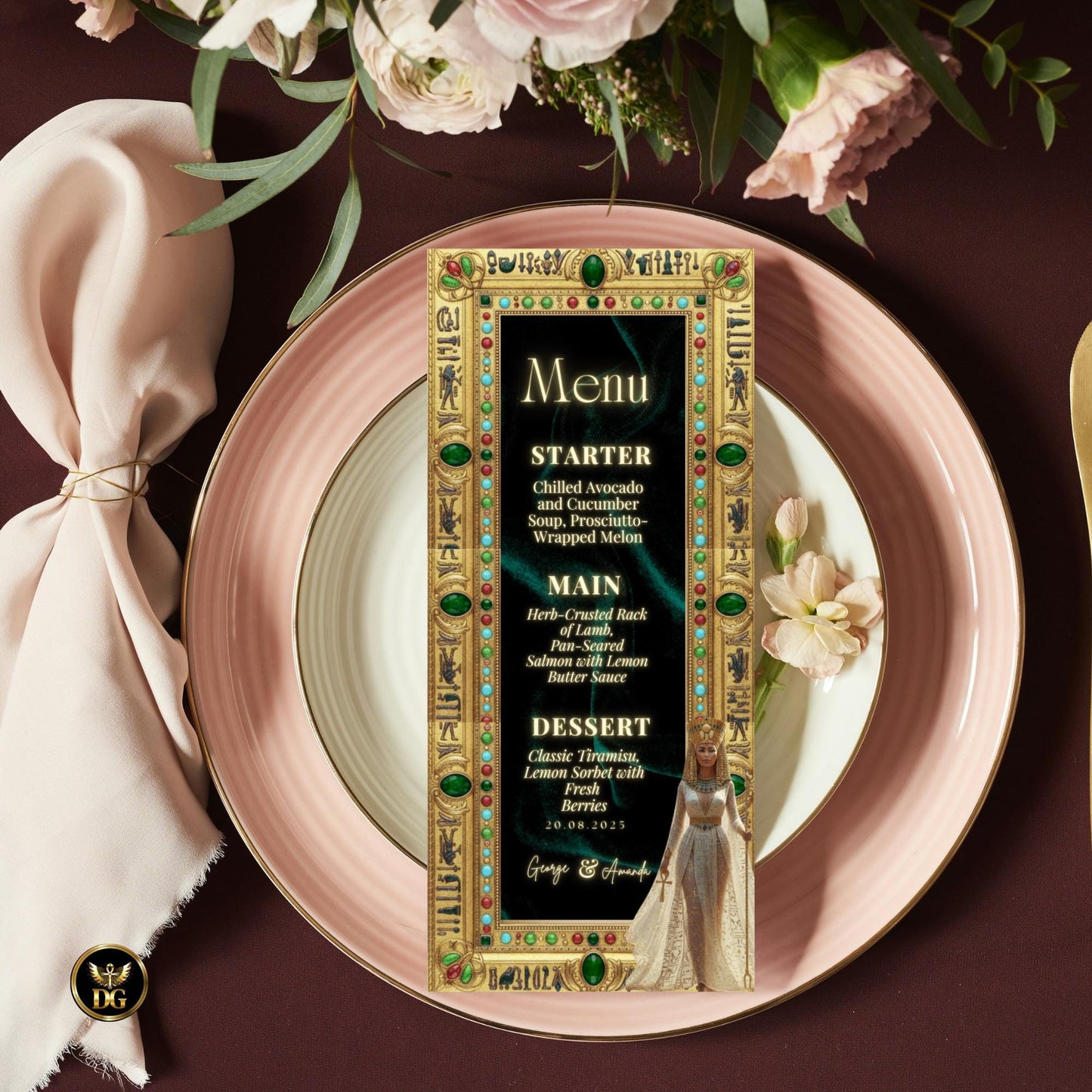 Emerald Velvet Egyptian Wedding Invitation | Nefertiti Gold Ankh Invite | Luxury Digital Bandal