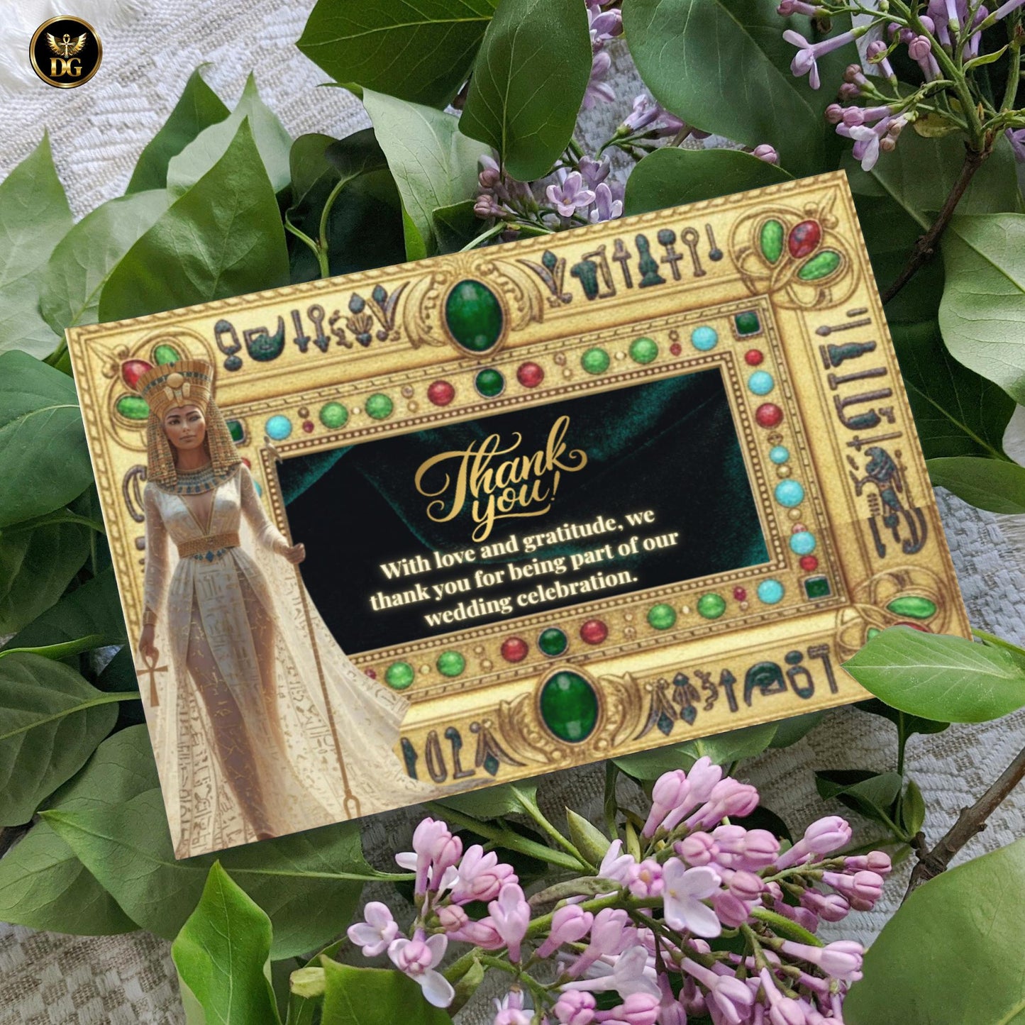 Emerald Velvet Egyptian Wedding Invitation | Nefertiti Gold Ankh Invite | Luxury Digital Bandal