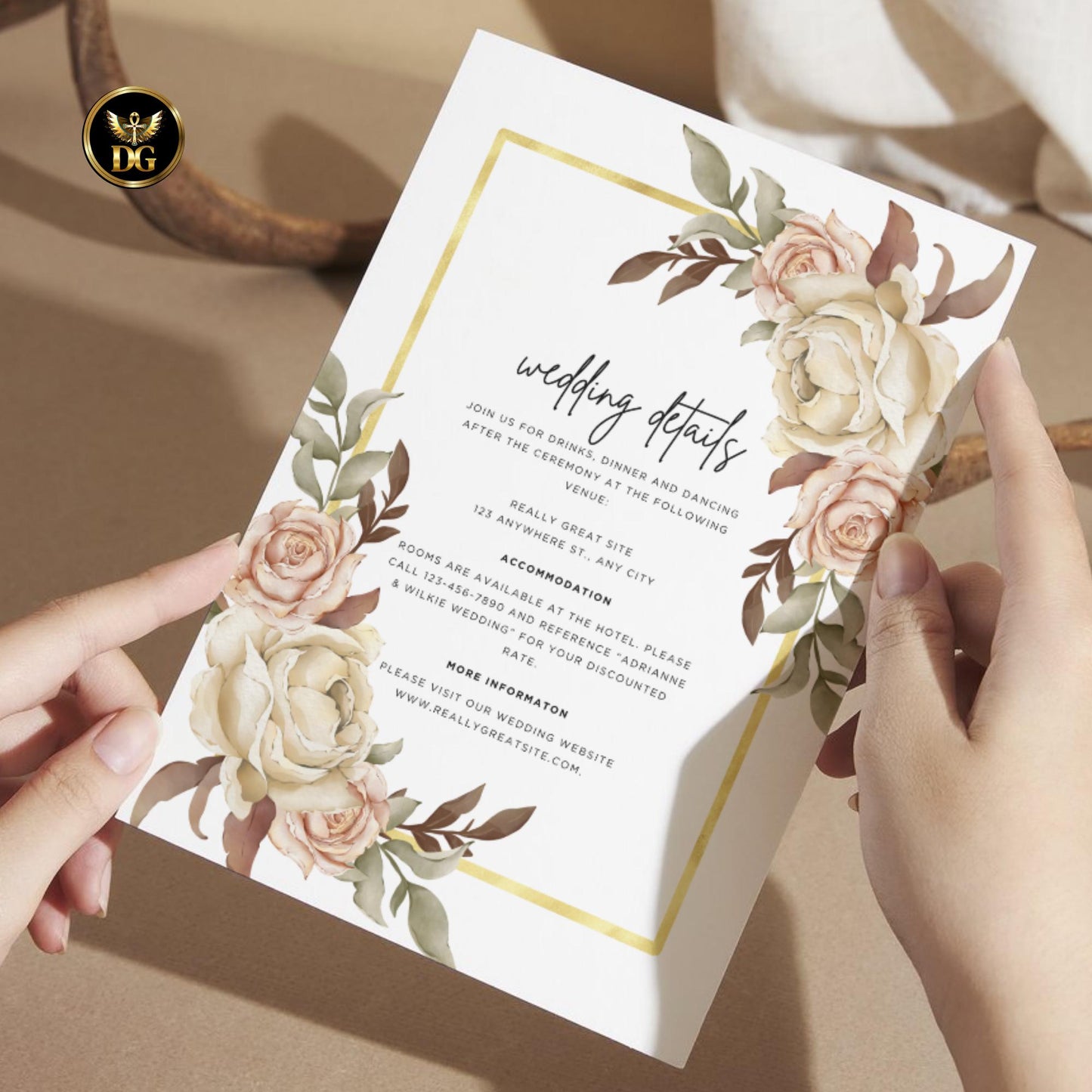 Beige Pink Floral Wedding Invitation Template, Gold Frame Digital Suite, Editable Printable Elegant White Background Invites & RSVP