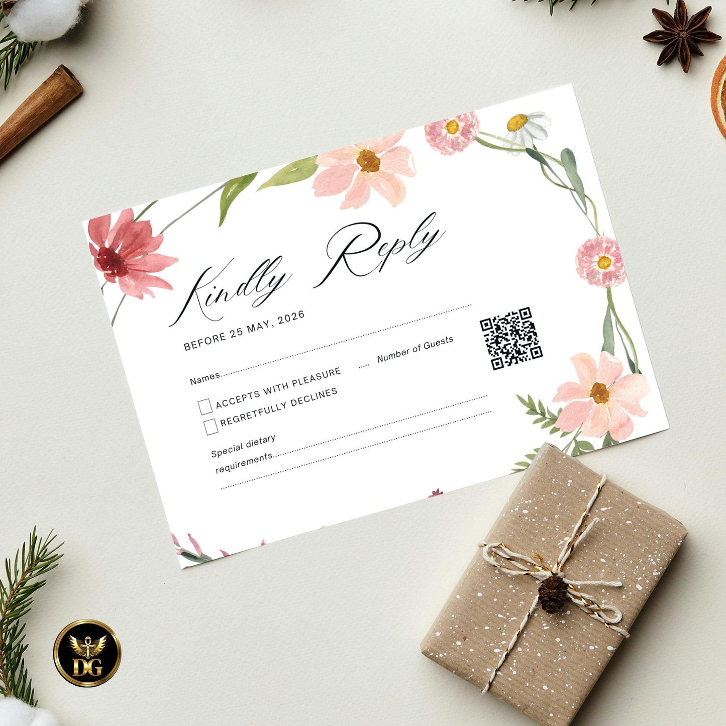 Wildflower Wedding Invitation Suite Editable Canva White Floral Wreath