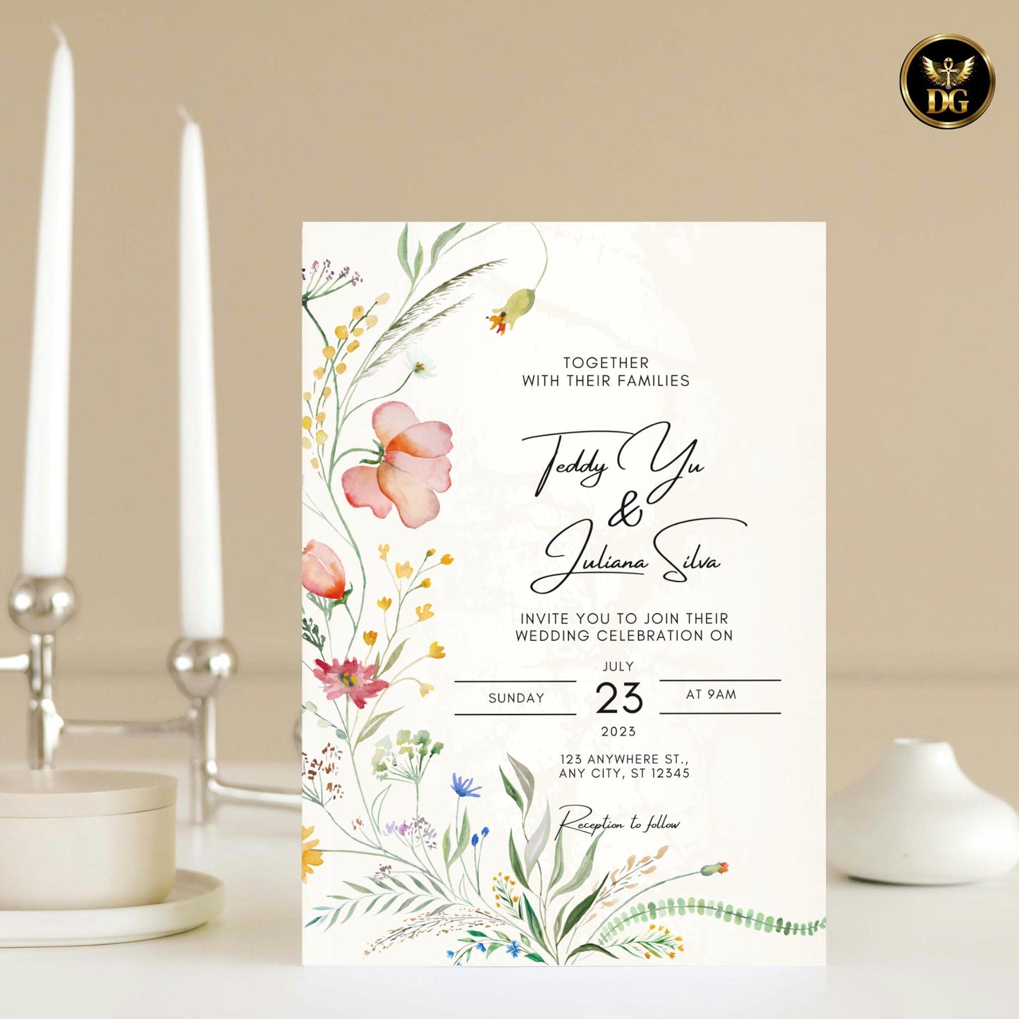Cream Gold Wildflower Wedding Invitation Editable Canva Boho Floral Suite