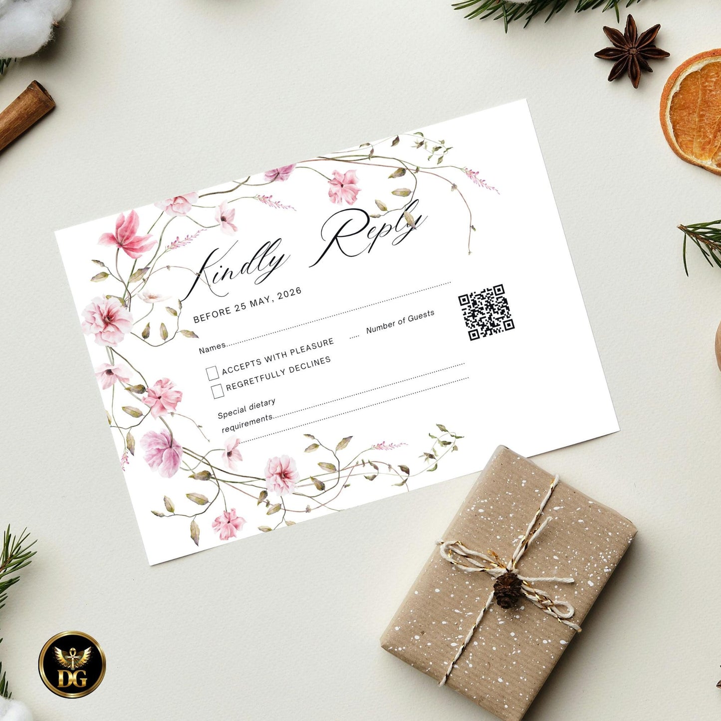 Delicate Pink Wildflowers Wedding Invitation Editable Canva Boho Floral Suite