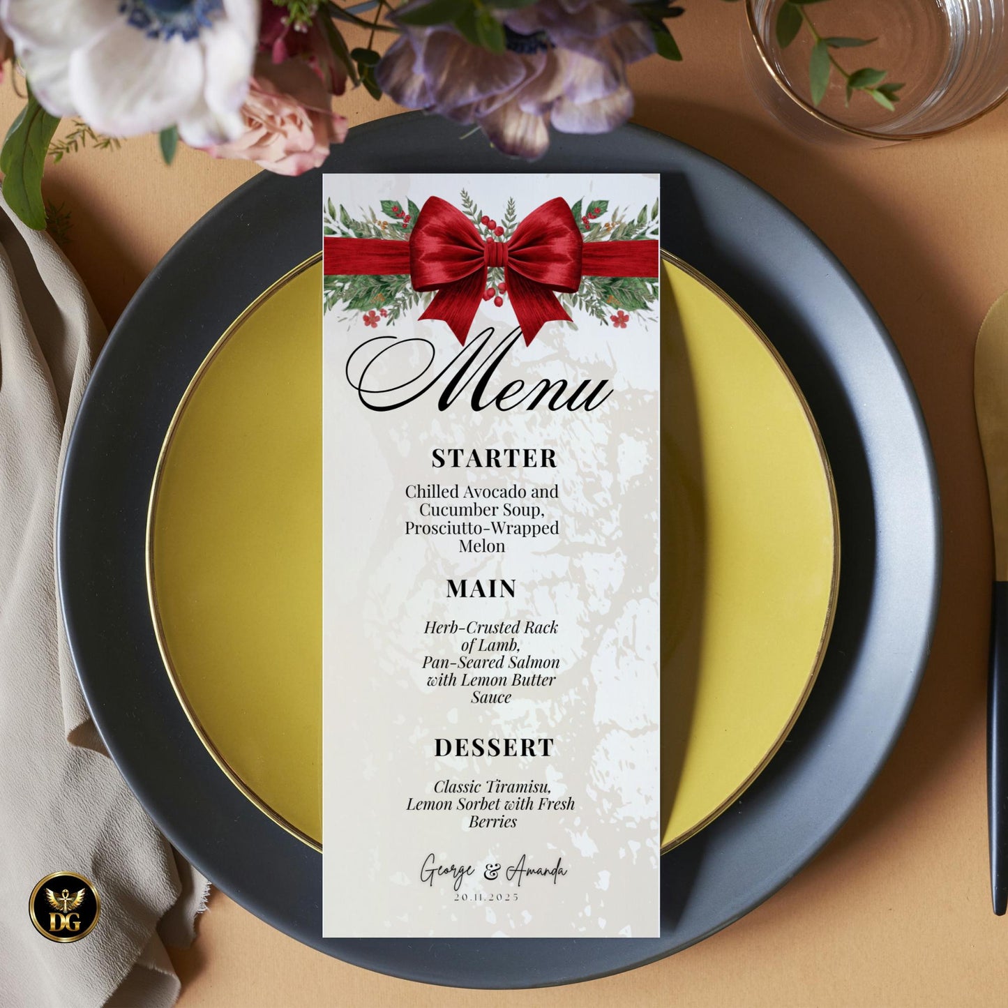 Elegant Cream & Gold Christmas Invitation Set | Vertical Bow Design | Editable Canva Templates | Holiday Party Bundle