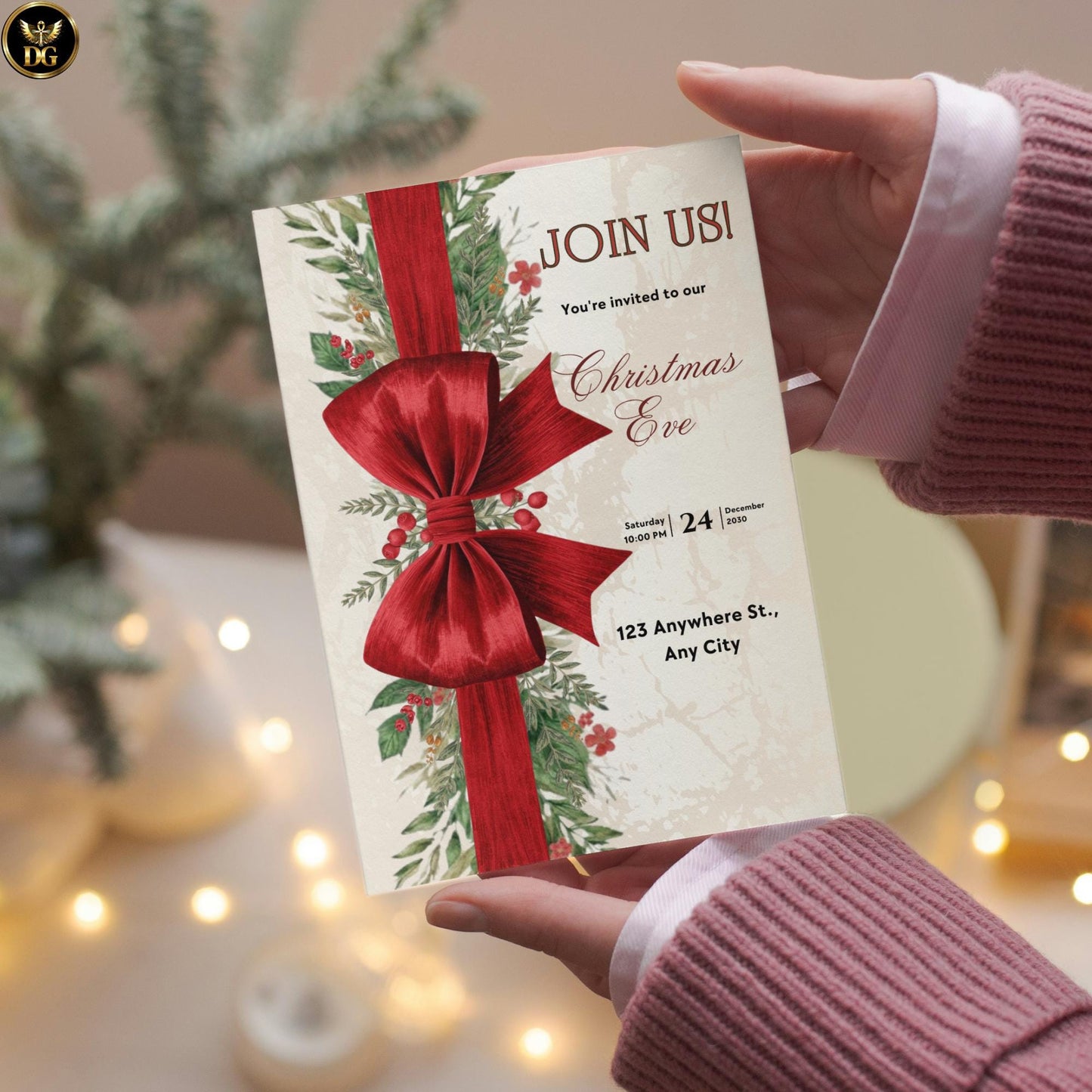 Elegant Cream & Gold Christmas Invitation Set | Vertical Bow Design | Editable Canva Templates | Holiday Party Bundle