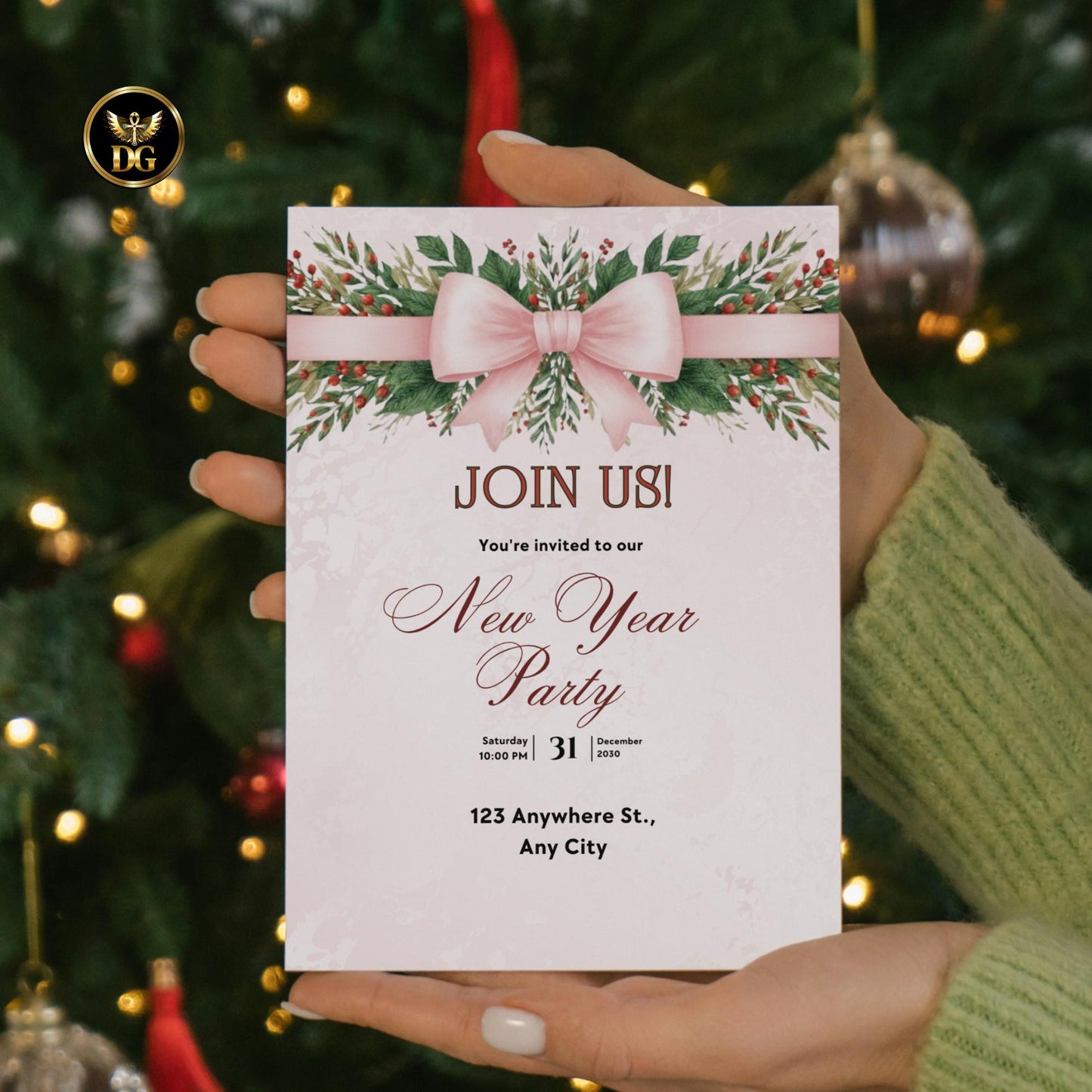 Elegant New Year Party Invitation Set | Pink Gold Canva Templates | Editable NYE Invite Bundle | Printable Holiday Cards